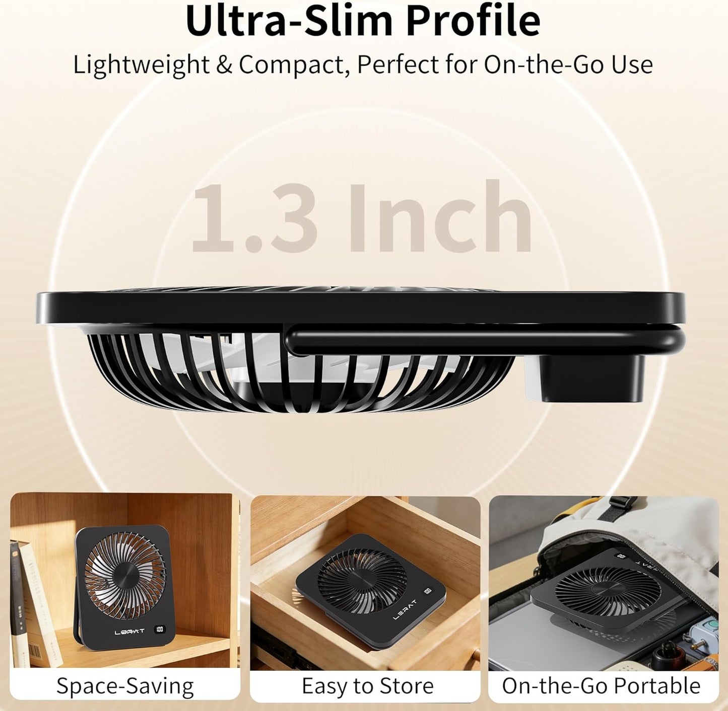 Lerat Portable Desk Fan, Small USB Rechargeable Fan with LED Display, 5-Speed Ultra-Quiet 180° Foldable Mini Fan for Summer Cruise Travel, Cooling Gifts for Women Girls Kids (Black)