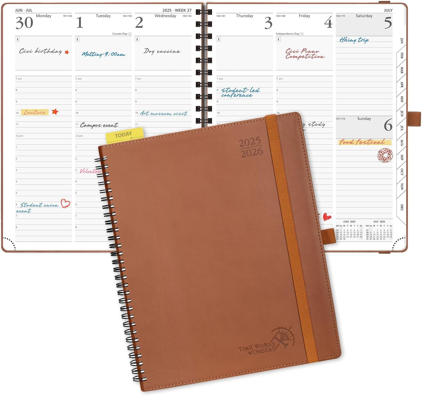 POPRUN Planner 2025-2026 (Large - 8.5'' x 10.5'') Academic Weekly Calendar (July 2025 - June 2026) with Hourly Time Slots, Monthly Tabs, 100GSM Thick Papers, Spiral Leather Cover - Brown