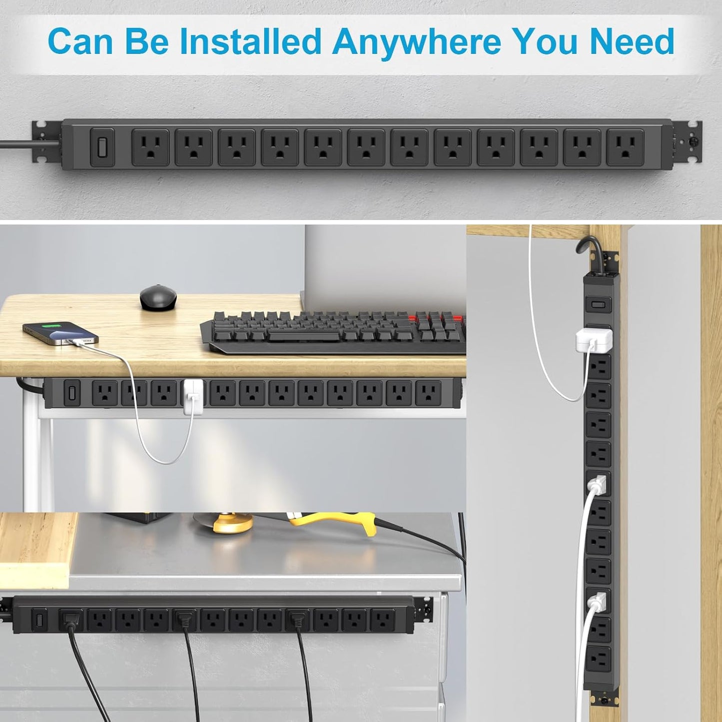 HHSOET 360° Rotating 12 Outlet Mountable Power Strip, Metal Gaming Table Mounted Outlet Strip, Heavy Duty Wall Mount Surge Protector with Switch, Works Great and Very Versatile, 6ft Power Cord.Black