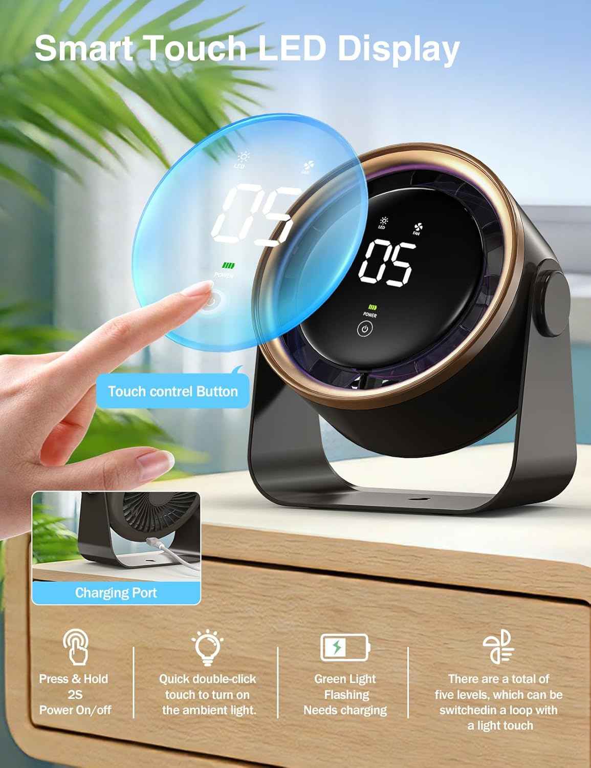 Small Desk Fan, Ultra-Quiet Desktop Air Circulator, Touch Screen Control, Multi-Speed Desktop Fan with LED Light, Quiet Table Fan for Bedroom, USB Rechargeable Small Fan for Desk(Grey)
