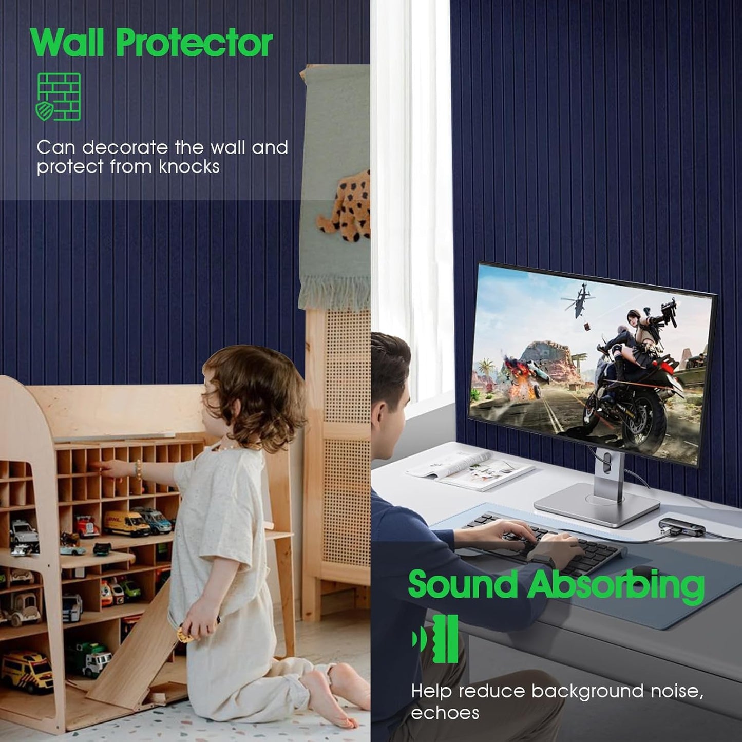 Large Cork Board for Office,8 Pack Felt Wall Tiles with Slat Wall Paneling,Felt Bulletin Board Pin Board Cork Boards for Walls - Dark Blue