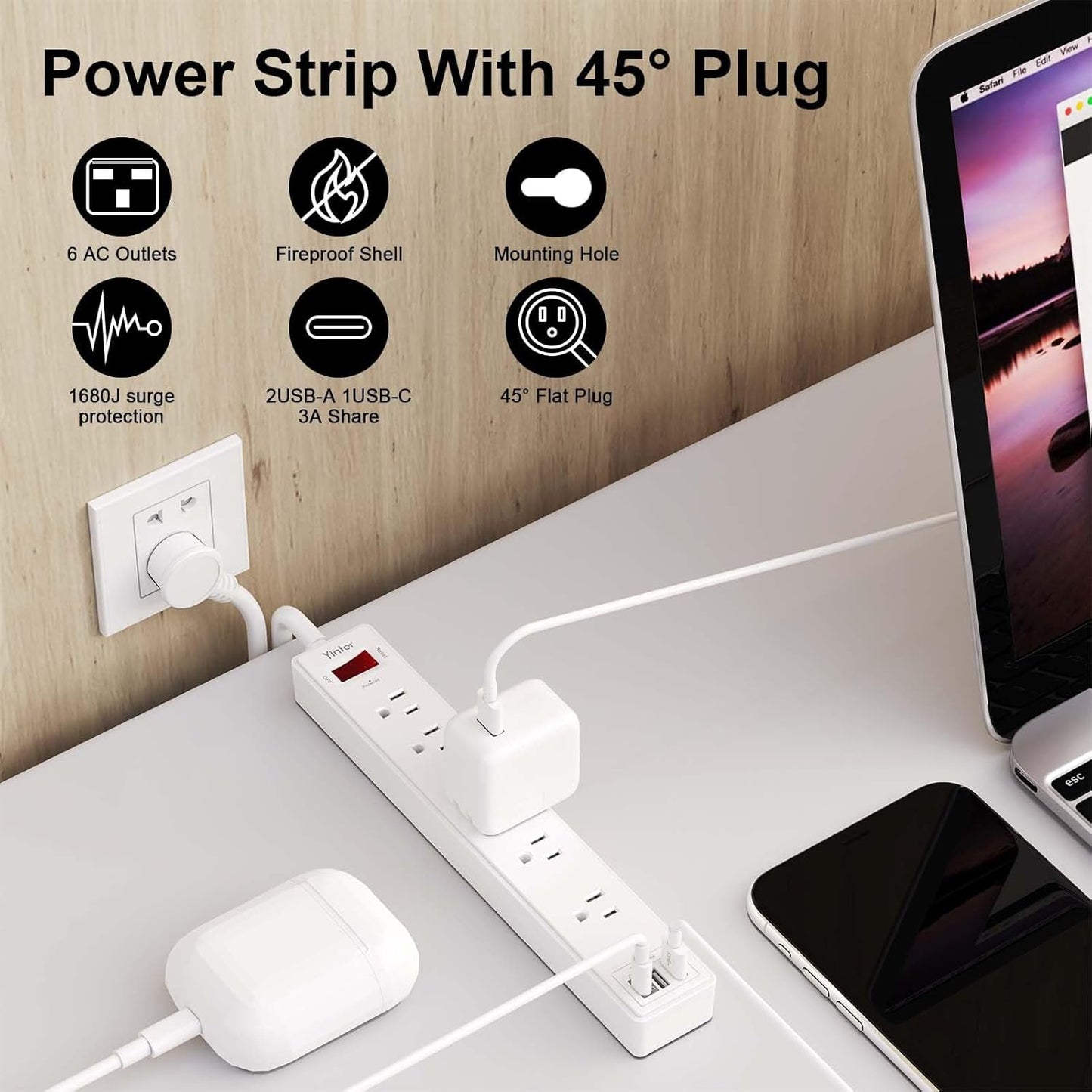 10 Ft Power Strip Surge Protector - Yintar Extension Cord with 6 AC Outlets and 3 USB Ports for Home, Office, Dorm Essentials, 1680 Joules, ETL Listed, White