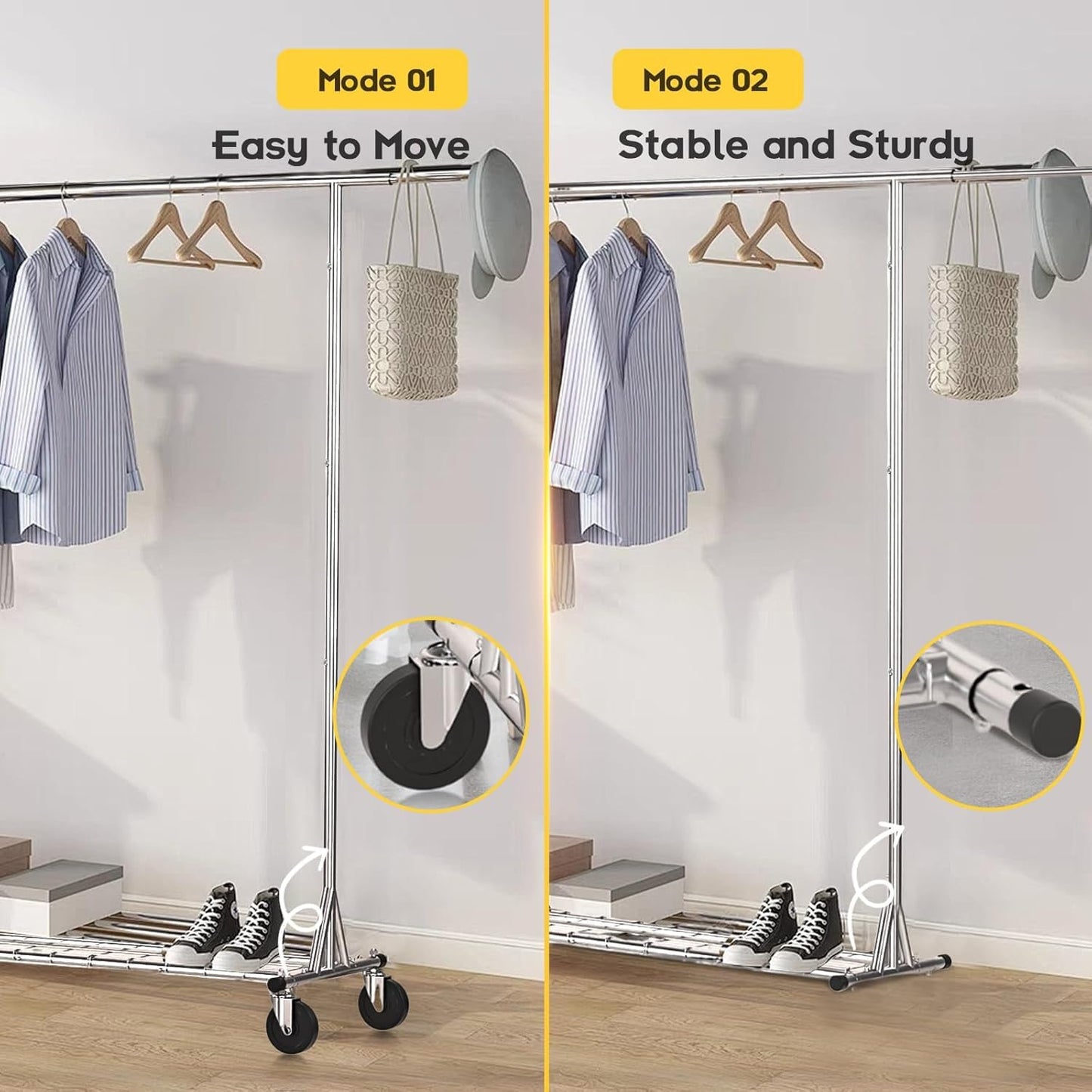 Clothing Garment Rack Capacity 550LBS Rolling Clothes Rack on Wheels - Heavy Duty Collapsible Commercial Storage Organizer - Mobile Clothes Rack with Multifunctional Design (Silver) - Lumora Desk