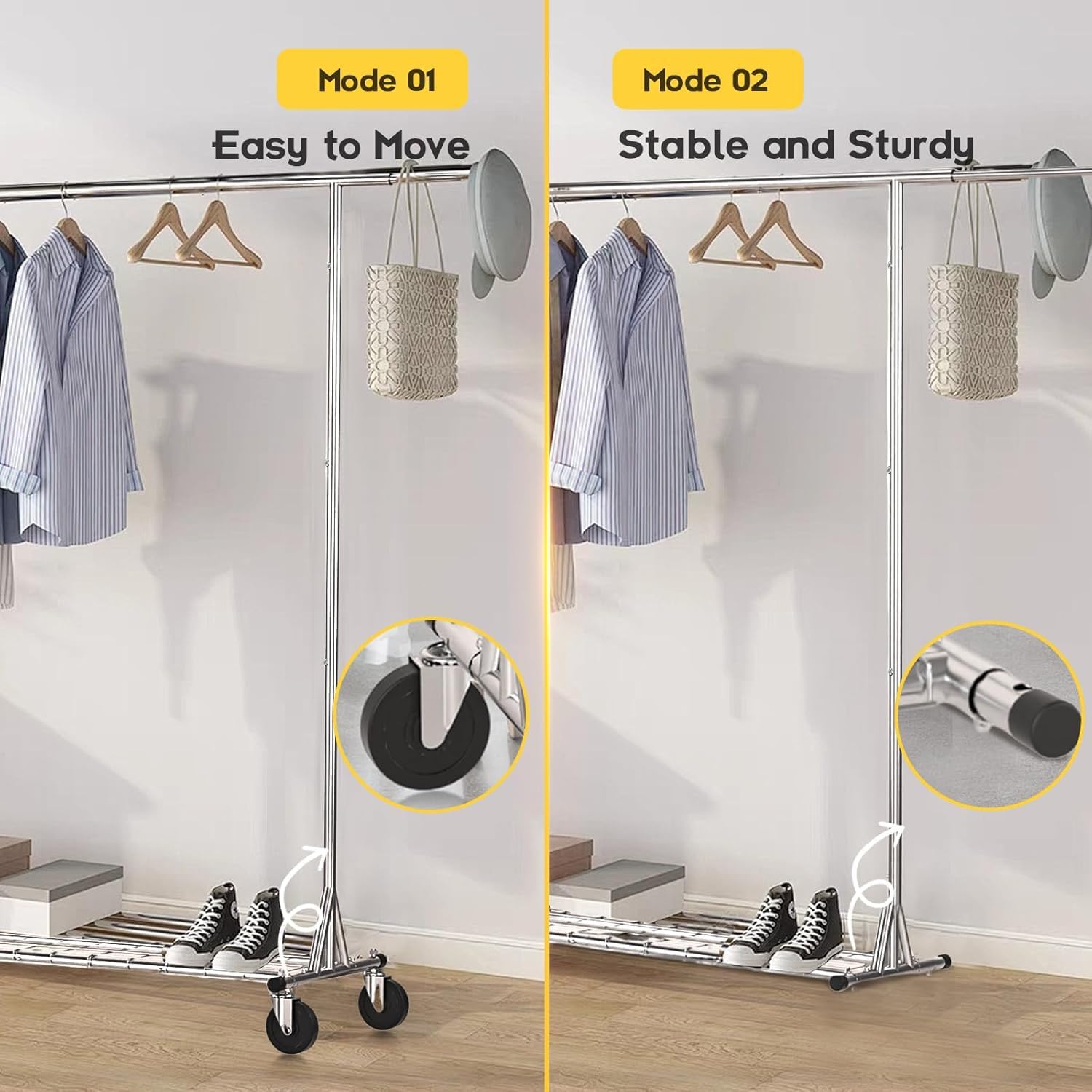 Clothing Garment Rack Capacity 550LBS Rolling Clothes Rack on Wheels - Heavy Duty Collapsible Commercial Storage Organizer - Mobile Clothes Rack with Multifunctional Design (Silver) - Lumora Desk