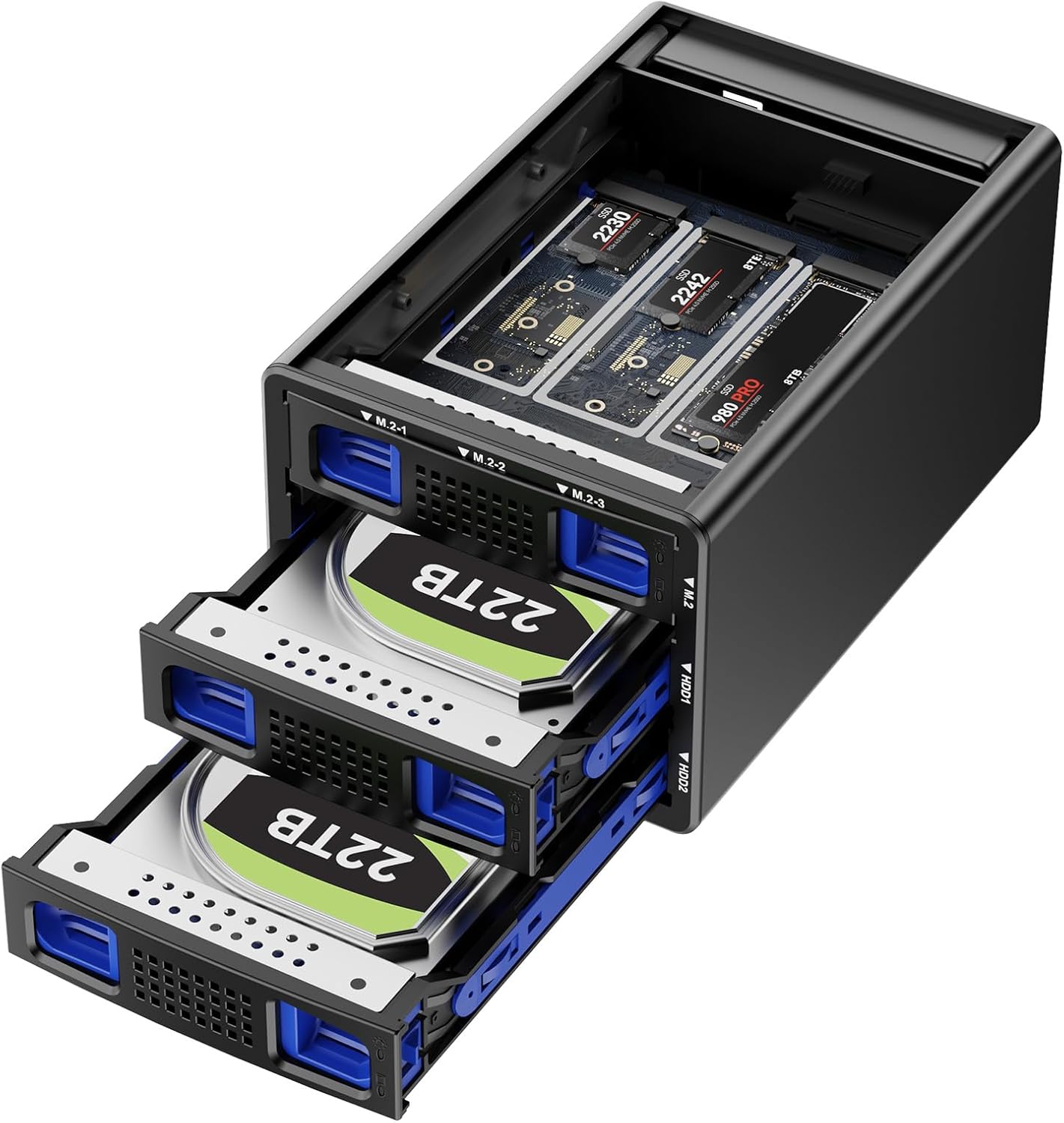 Hybrid 2*2.5/3.5" SATA HDD/SSD+3* M / B+M Key M.2 NVMe Enclosure with Cooling Fan and USB A/C 3.2 Gen 2, Hard Drive Enclosure Support 68TB(2*22TB HDD+3*8TB 2230/2242/2260/2280/22110 SSDs)
