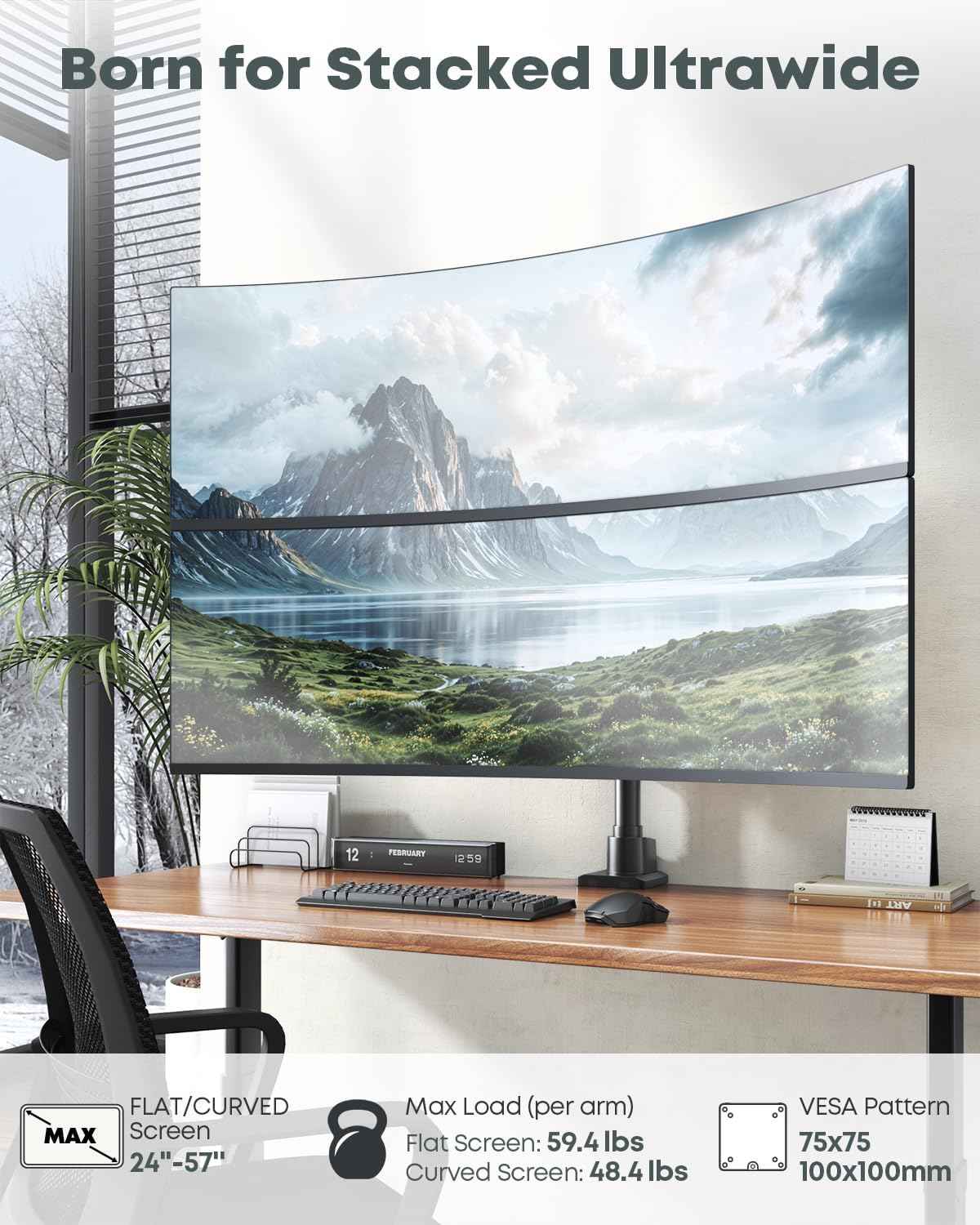 Dual Monitor-Arm Ultrawide Heavy Duty - 24-57 inch Vertical Dual Monitor Mount, Adjustable Stacked Double Monitor Desk Mount Stand, Max Load 59.4 lbs (per Arm), VESA 75/100 mm, Black