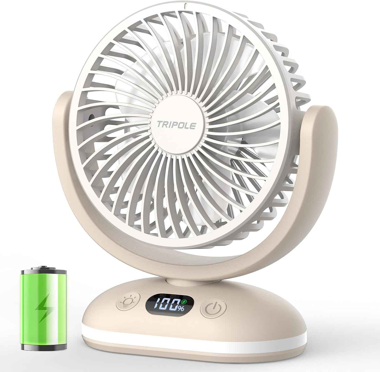 TriPole Desk Fan Small Quiet Rechargeable Portable Fan for Travel with Smart Display & LED Light, 31H Runtime, 4 Speeds Mini Battery Operated Fans for Bedroom Sleeping Office Outdoor Camping Cruise