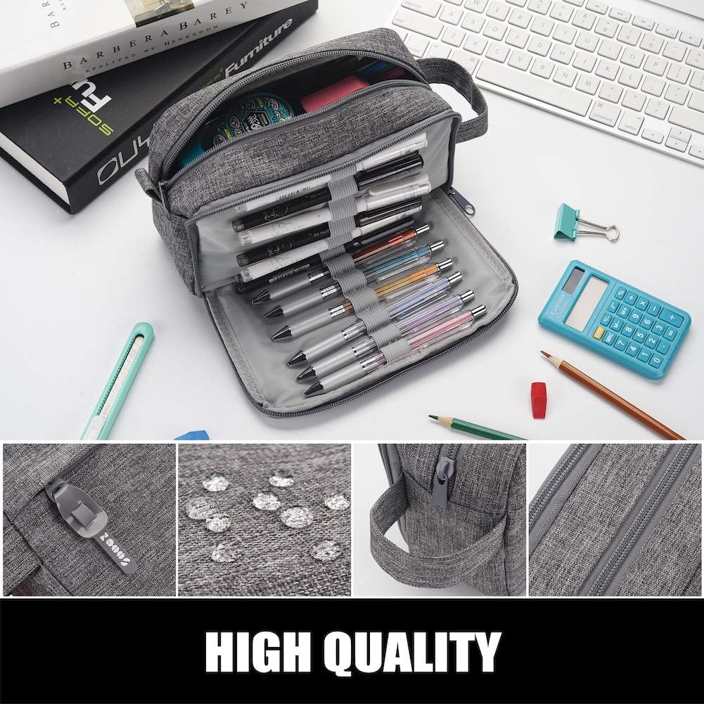 Sooez High Capacity Pencil Case, Big Pencil Bag Pouch Box Organizer Pen Case, Portable Journaling Supplies with Easy Grip Handle & Loop, Asthetic Supply for Girls Adults, Grey