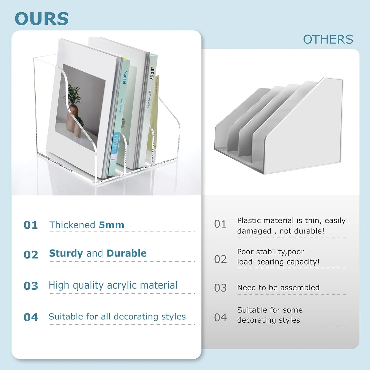 3 Slots Acrylic Magazine Holder, Desktop File Sorter Organizer Rack Bookshelf, Workspace Sorters Office Desk Accessories Organization Storage Stand, Clear