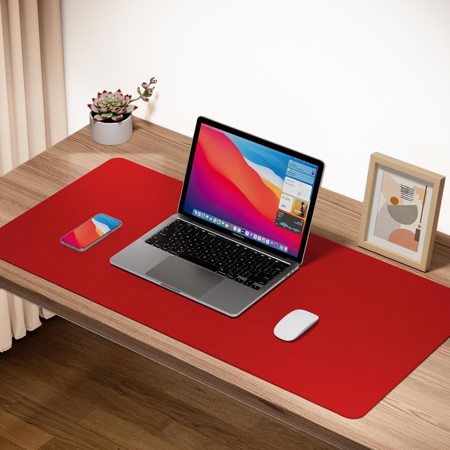 Boutilon Leather Desk Pad Protector,Non-Slip Mouse Pad,Laptop Desk Pad,Office Mouse Mat,Waterproof Leather Desk Blotter,Desk Writing Pad for Office and Home (S-Red,24"x 14")
