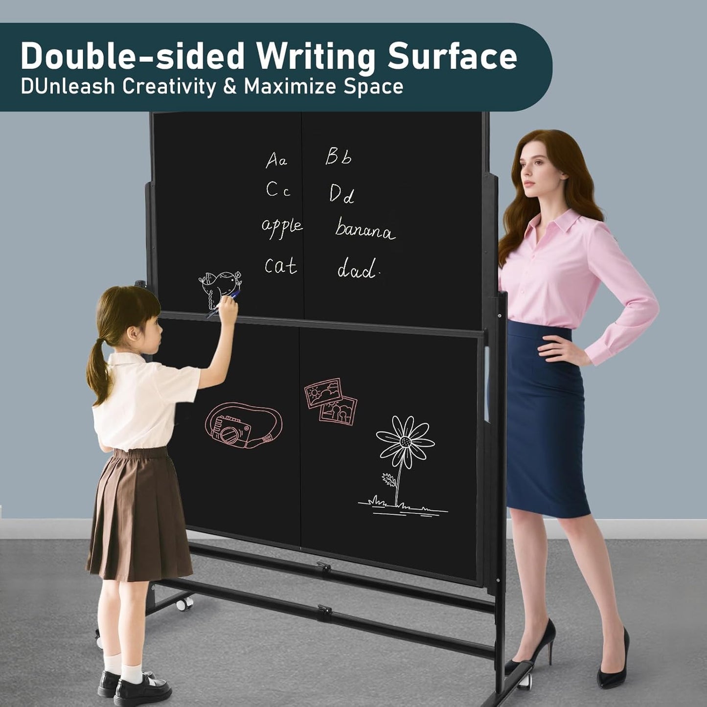 60x48 Inch Large Rolling Blackboard | Height Adjustable Double-Sided Magnetic Blackboard on Wheels | for Classroom, Home & Office Use