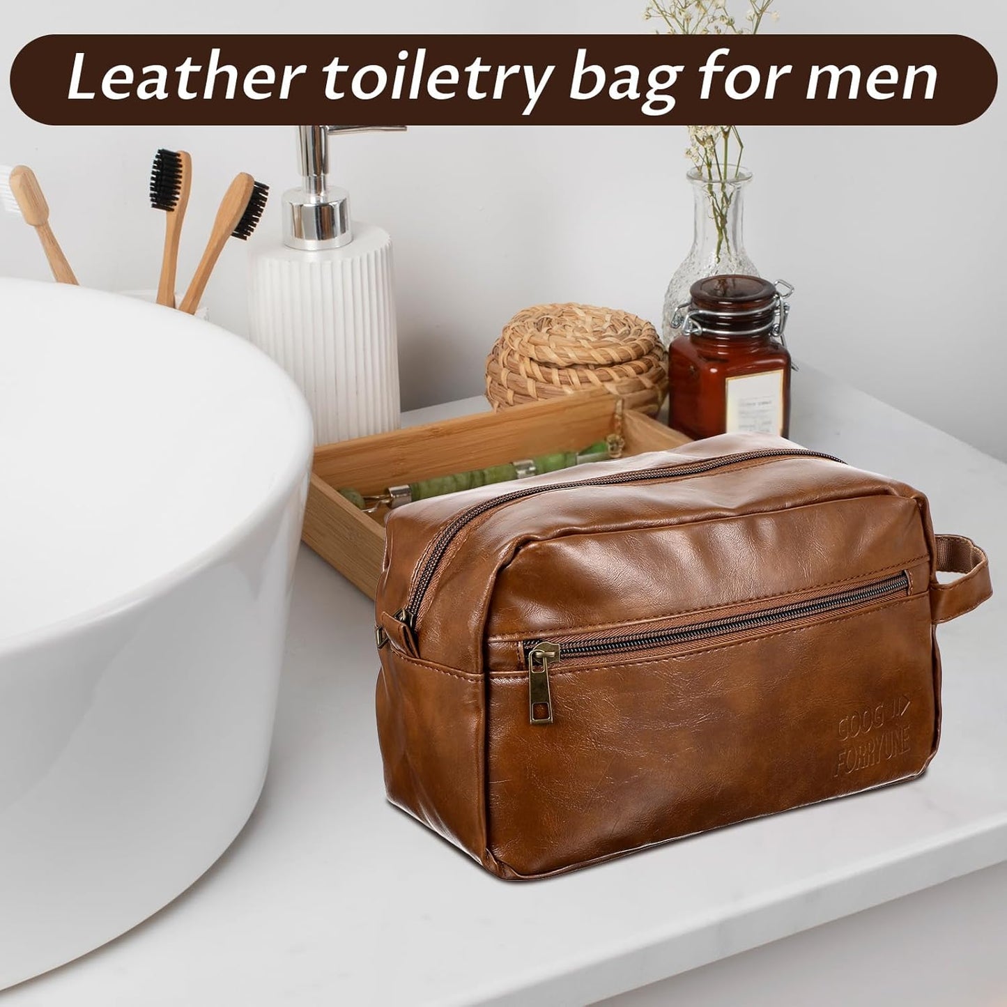 6 Pcs Leather Toiletry Bags for Men, Leather Groomsmen Gifts Men's Toiletry Bag Travel Shaving Kit Wedding Proposal Gift for Groomsmen Bachelor Party Favors (Brown)