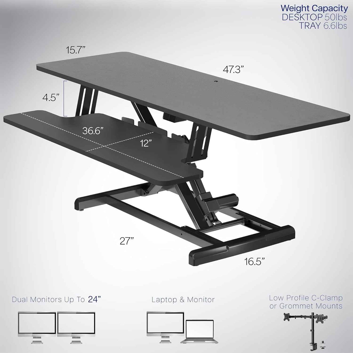 VIVO 47 inch Electric Motor Desk Converter, Height Adjustable Riser, Sit to Stand Dual Monitor and Laptop Workstation with Wide Keyboard Tray, Black, DESK-VE48B