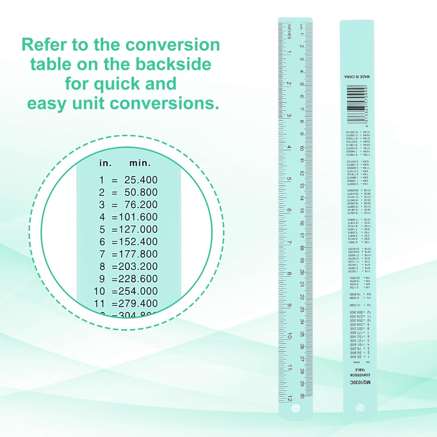 PATIKIL 30cm/12 Metal Ruler, 2 Pack Aluminum Alloy Rulers with Centimeters, Millimeters, Inches and Conversion Table Straight Edge Ruler for Writing Machinist Drafting, Blue Green