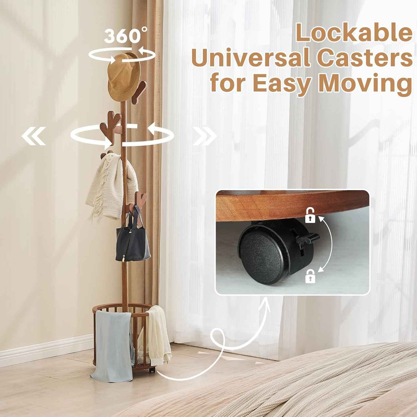 Uniclinens Solid Wood Coat Rack Freestanding with Umbrella Holder, Tree Coat Rack Stand with Lockable Universal Casters & 12 Hooks for Entryway Bedroom, Walnut
