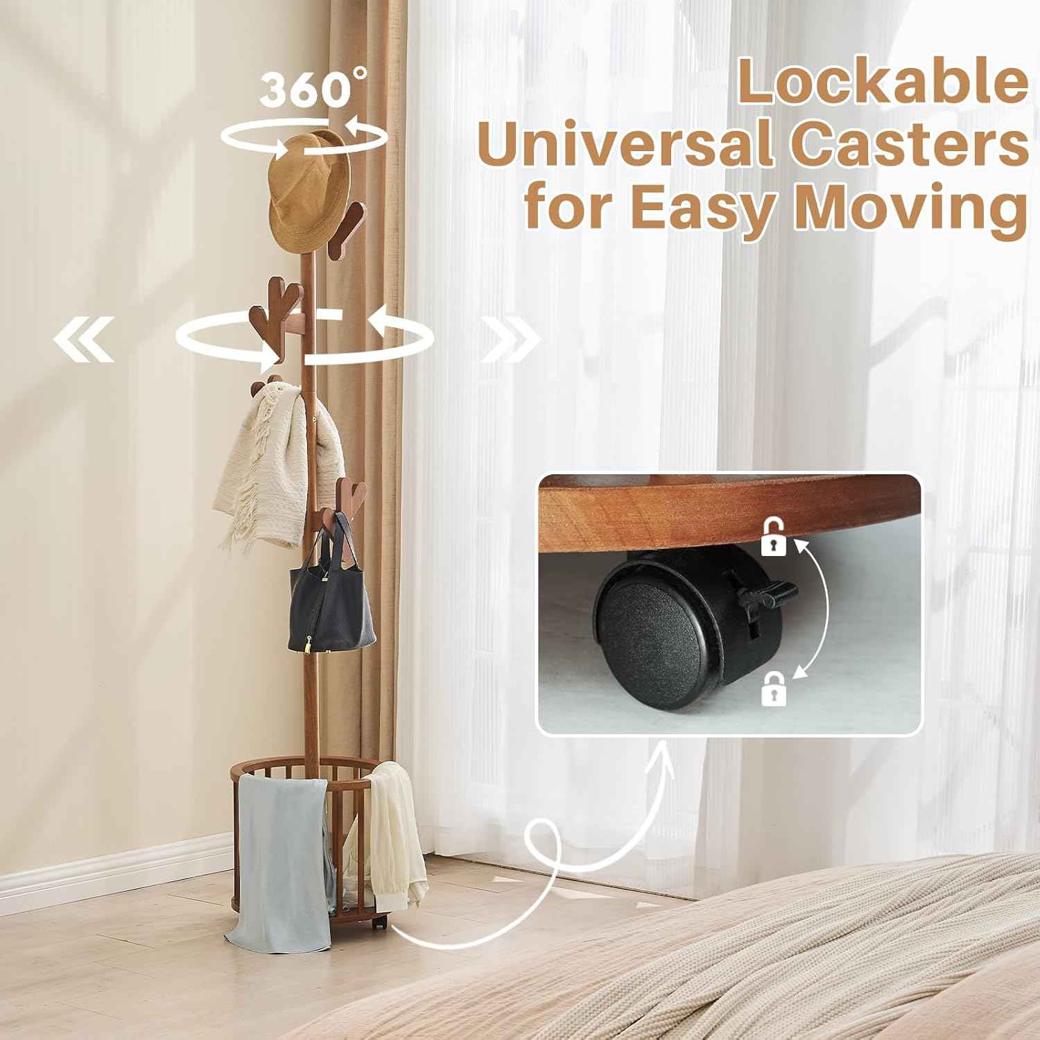 Uniclinens Solid Wood Coat Rack Freestanding with Umbrella Holder, Tree Coat Rack Stand with Lockable Universal Casters & 12 Hooks for Entryway Bedroom, Walnut