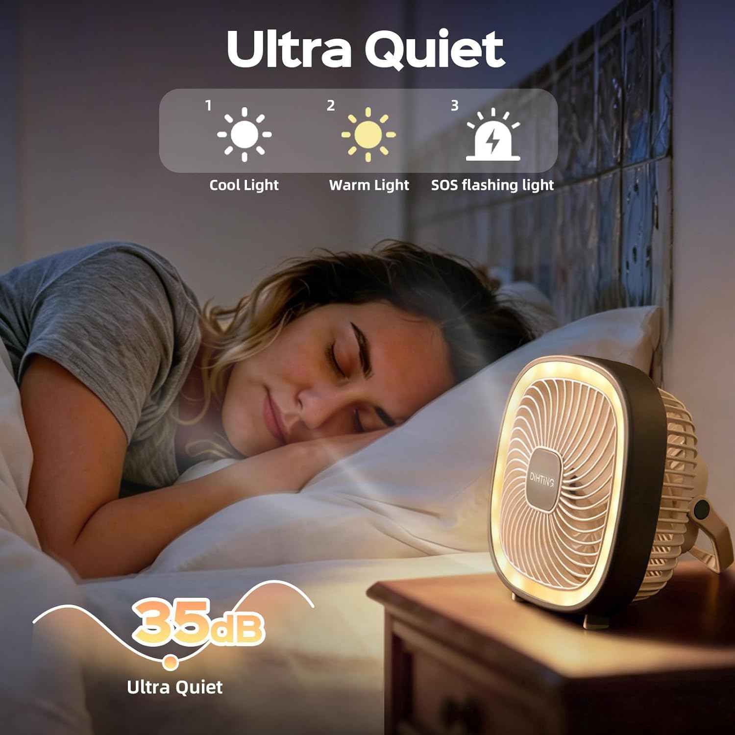 8 Inch Desk Fan Rechargeable, Quiet Personal Table Fan with Night Light/Hook, 4000mAh Battery Powered Portable USB Fan Cordless For Office Bedroom Sleeping Dorm Travel, 3 Speeds, 180°Tilt Adjustable