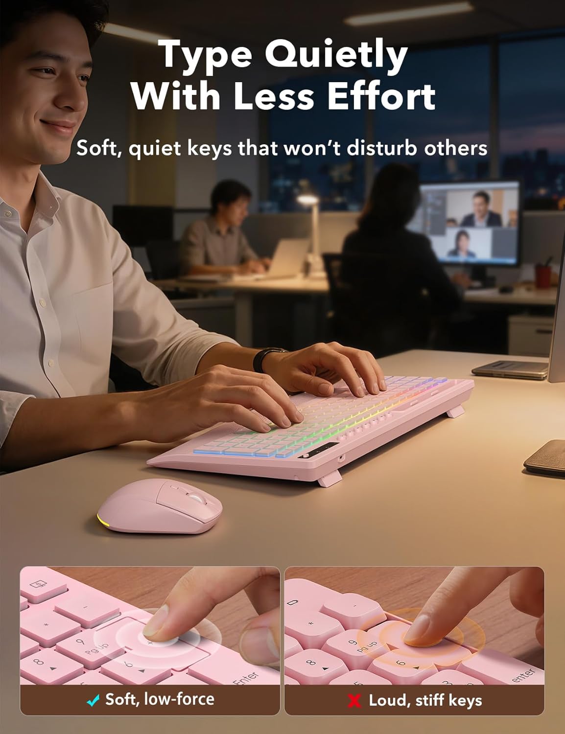 Trueque Wireless Keyboard and Mouse Combo, 4000mAh Rechargeable Backlit Keyboard with Wrist Rest & Phone Holder, Full Size Quiet Typing 2.4G USB-A/Type-C for PC Laptop Windows Mac (Pink)