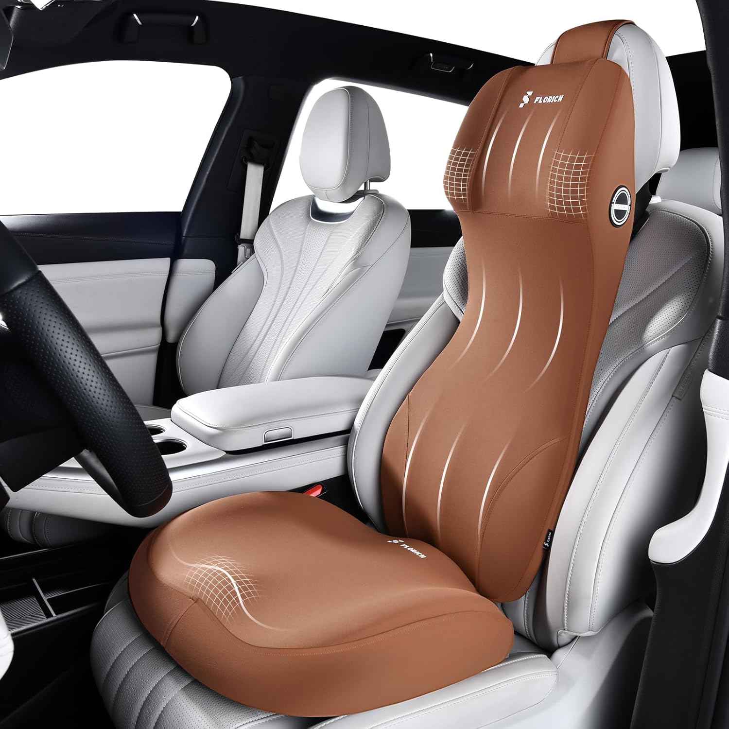 FLORICH Memory Foam Seat Cushion for Car and Lumbar Support Headrest Pillow Ergonomic Car Seat Back Support Neck Pillow for Driving Truck Driver Seat Cushion Lumbar Pillows for Back Pain Relief, Brown
