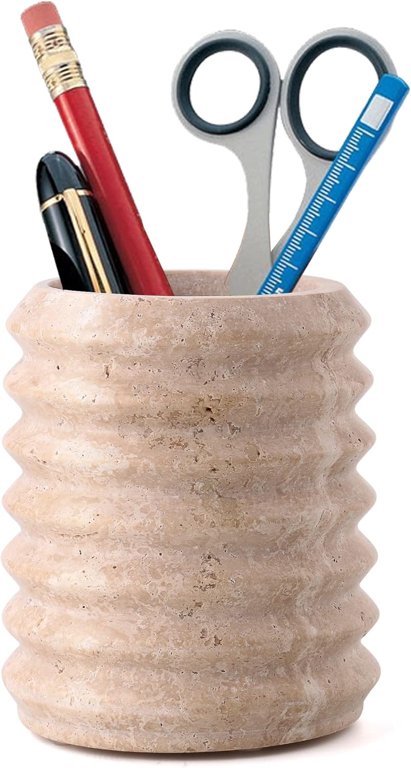 WORHE Pen Holder Stand for Desk, Natural Travertine Stone Makeup Brush Holders, Modern and Functional Pencil Cup for Office Supplies Tableware Organizer for Home Decor School Beige (PH90110)