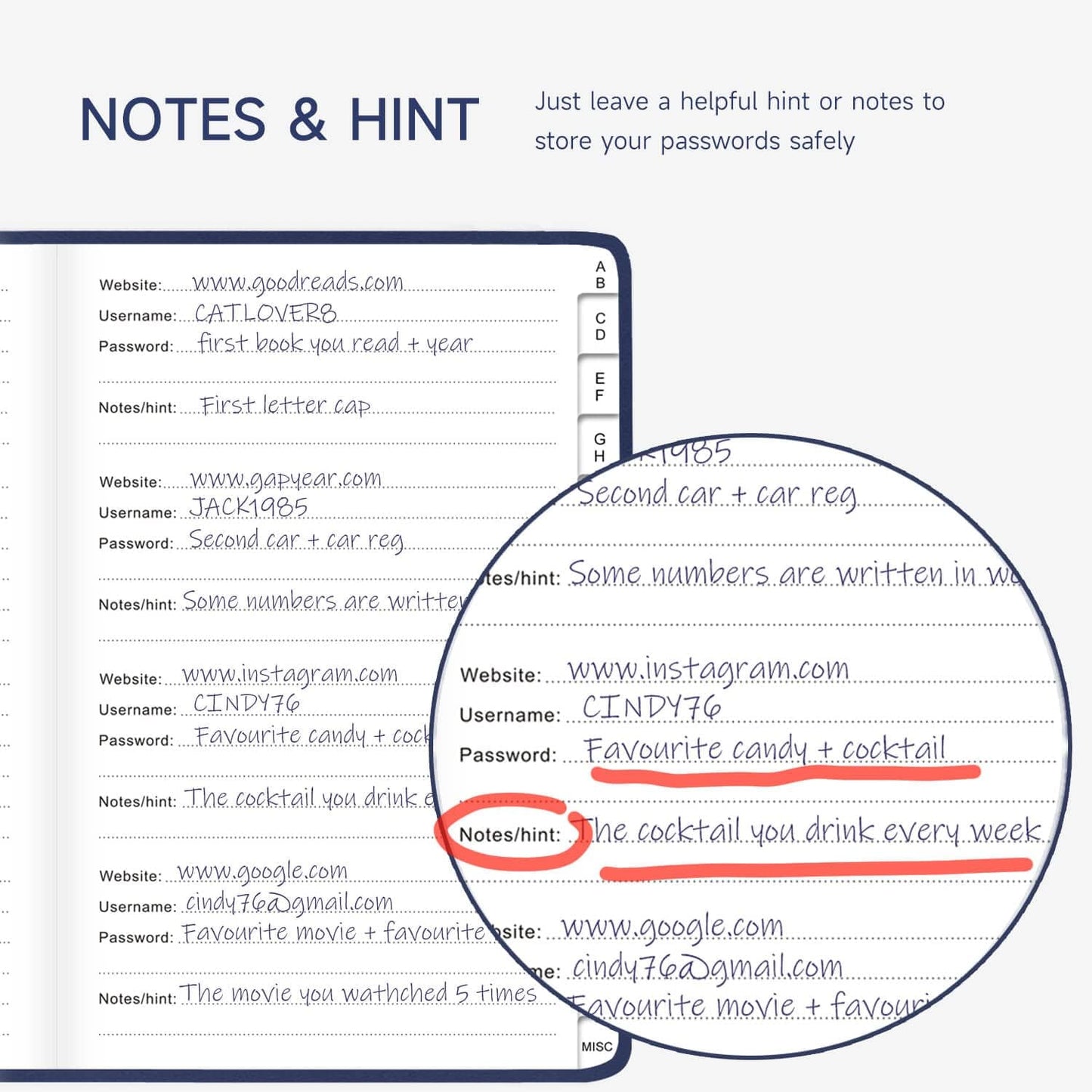 Password Book with Alphabetical Tabs – Hardcover Internet Address & Password Organizer – Password Keeper Notebook for Computer & Website – 5.2 x 7.6" Log-in Password Journal w/Thick Paper (Navy Blue)