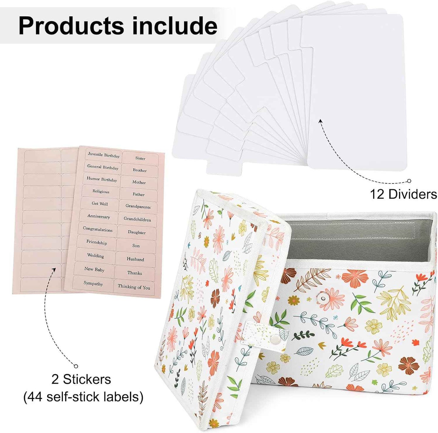 Sturdy Fabric Greeting Card Organizer Storage Box with 12 Removable Dividers - Store 140+ Cards, Oxford Cloth Card Holder for Photos, Crafts, Envelopes, Scrapbooking, Paper, Stickers Holder