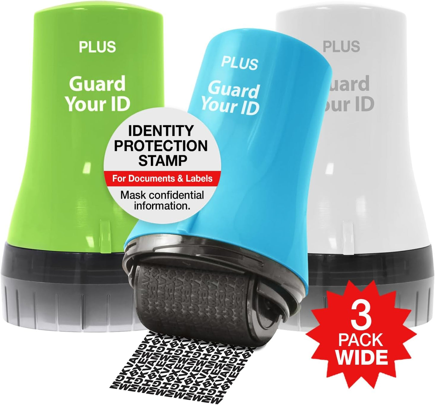 Wide Advanced Security Roller by Guard Your ID, Easy-to-Use Mess-Free Identity Protection Stamp (3-Pack, Mixed Colors: Turquoise, Green, White)
