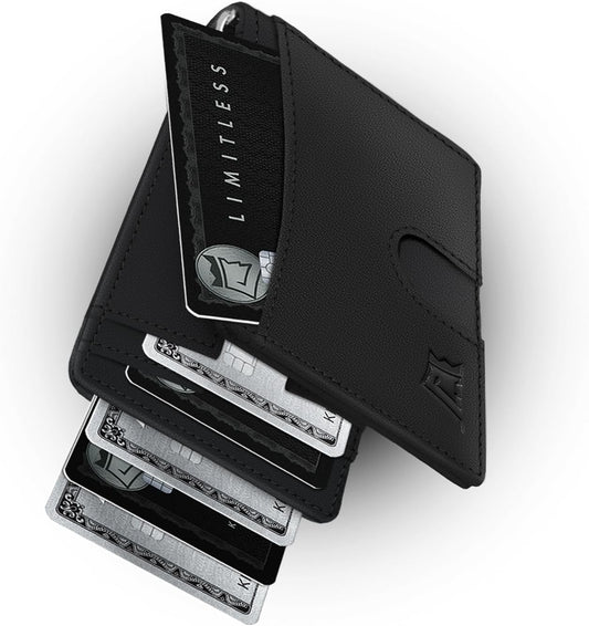 Kings Loot Money Clip Slim Minimalist Wallet for Men – RFID Blocking Leather Design with Money Clip – Front Pocket Bifold Holds 12 Cards – Stylish & Compact Wallets (Black/Premium Engraved)