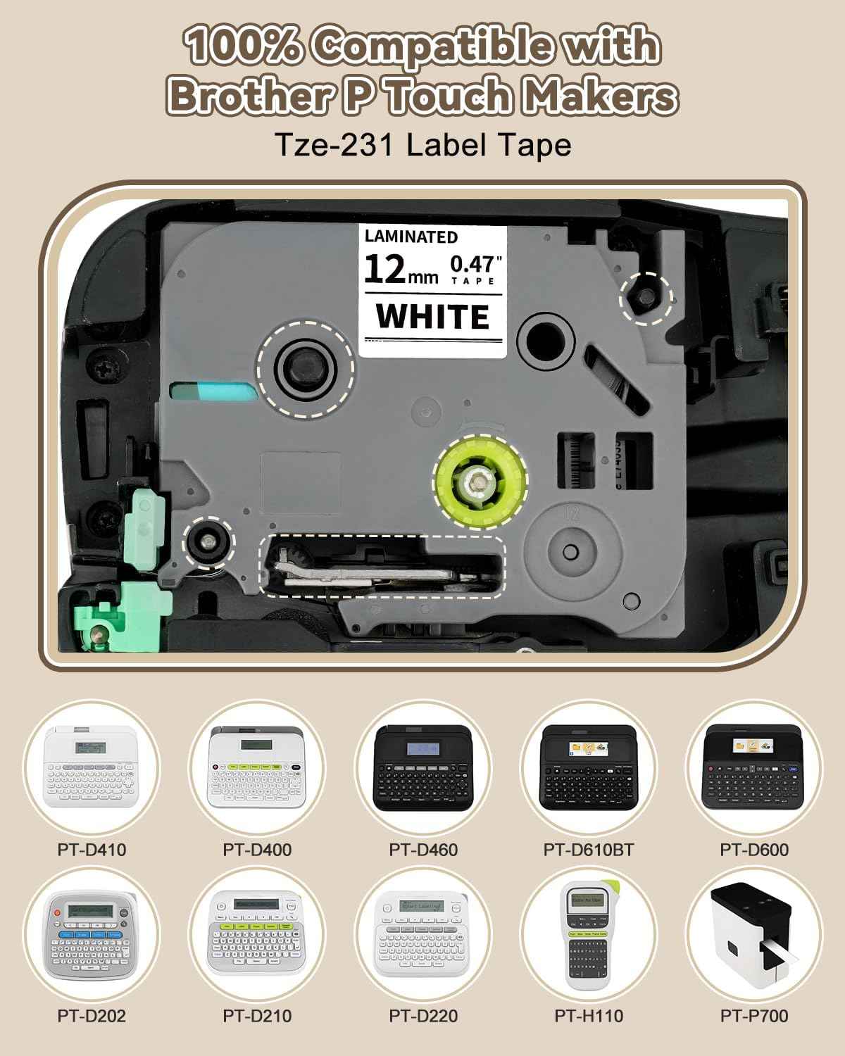 6-Pack TZe-231 TZ Tape 12mm 0.47" Laminated White P Touch Label Compatible for Brother P Touch Label Maker Tape for PTouch Label Maker PTD210 H110 D220 D600 D400 D410 2040, Black on White