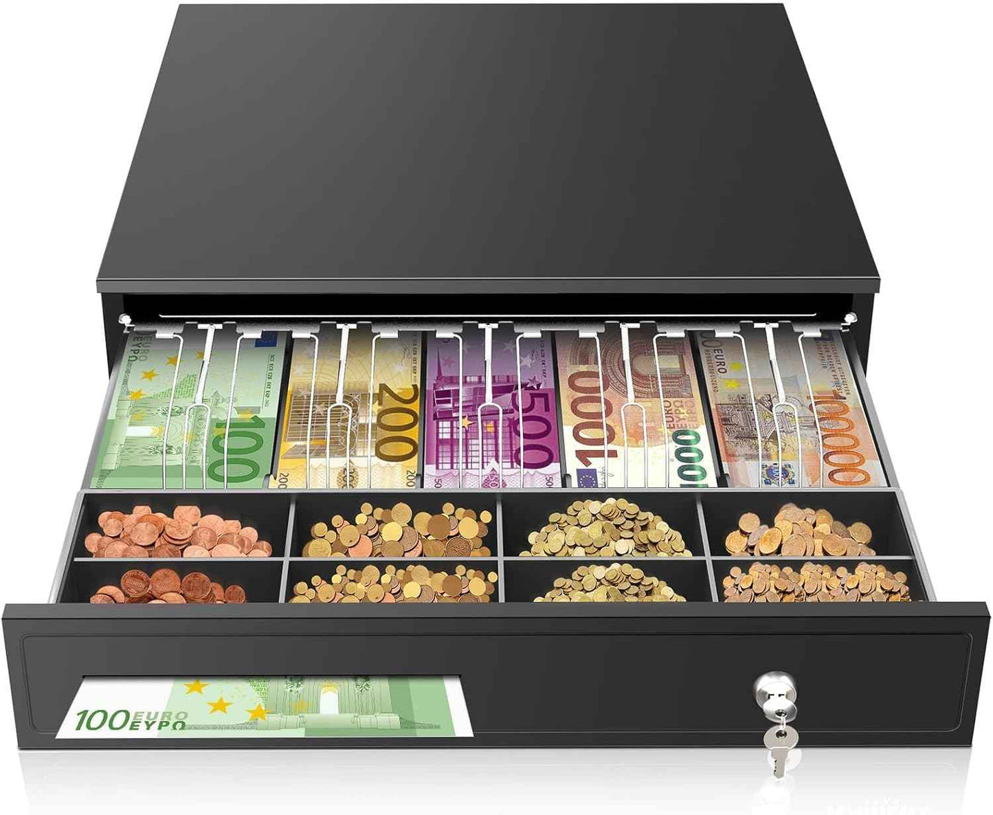 16.4" Cash Drawer with Media Slot, POS Cash Register with 5 Bill 8 Coin Slots, RJ11/RJ12 Printer-Driven, 3-Position Key Lock, Heavy-Duty Steel Cash Register for for Small Businesses