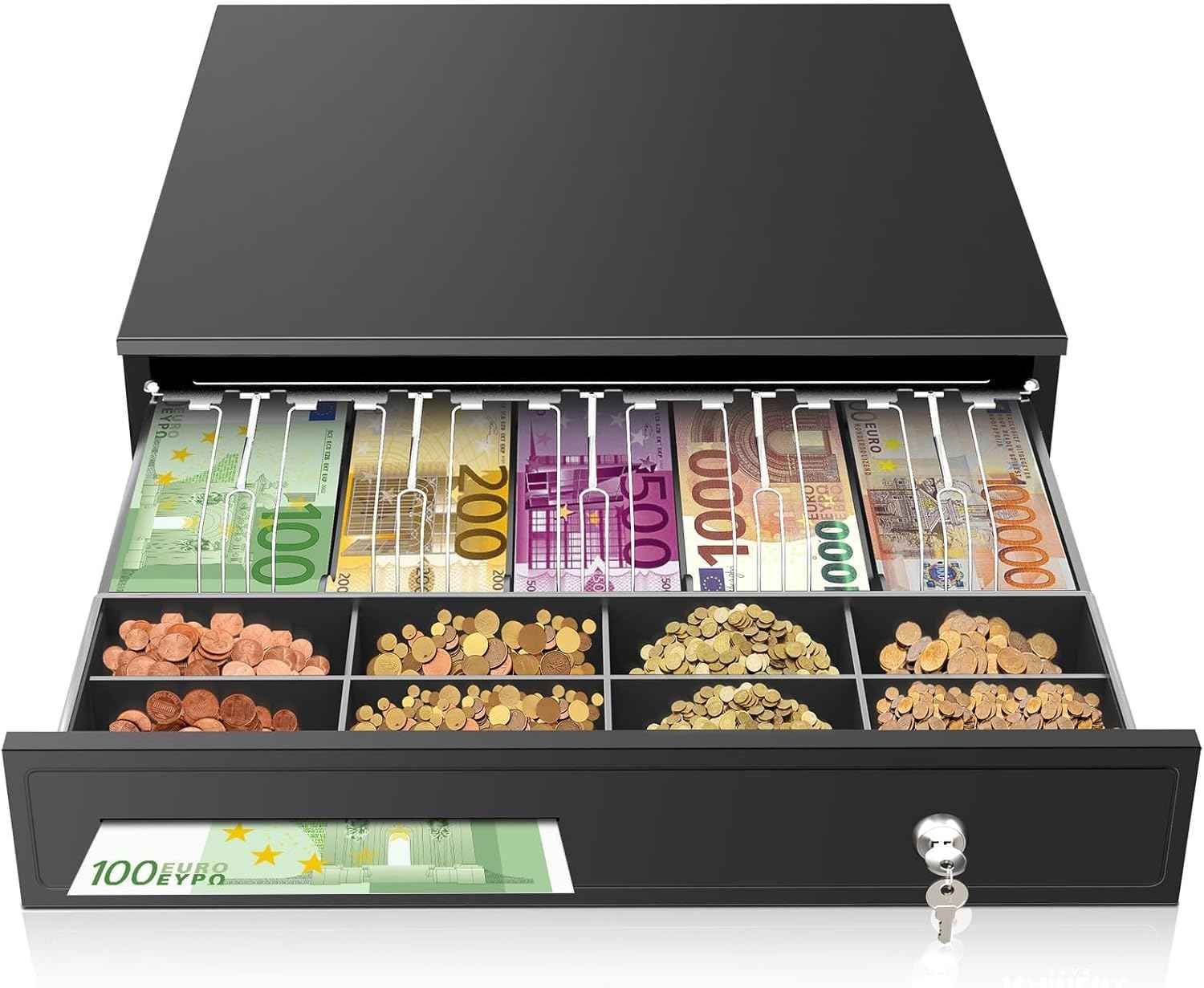 16.4" Cash Drawer with Media Slot, POS Cash Register with 5 Bill 8 Coin Slots, RJ11/RJ12 Printer-Driven, 3-Position Key Lock, Heavy-Duty Steel Cash Register for for Small Businesses