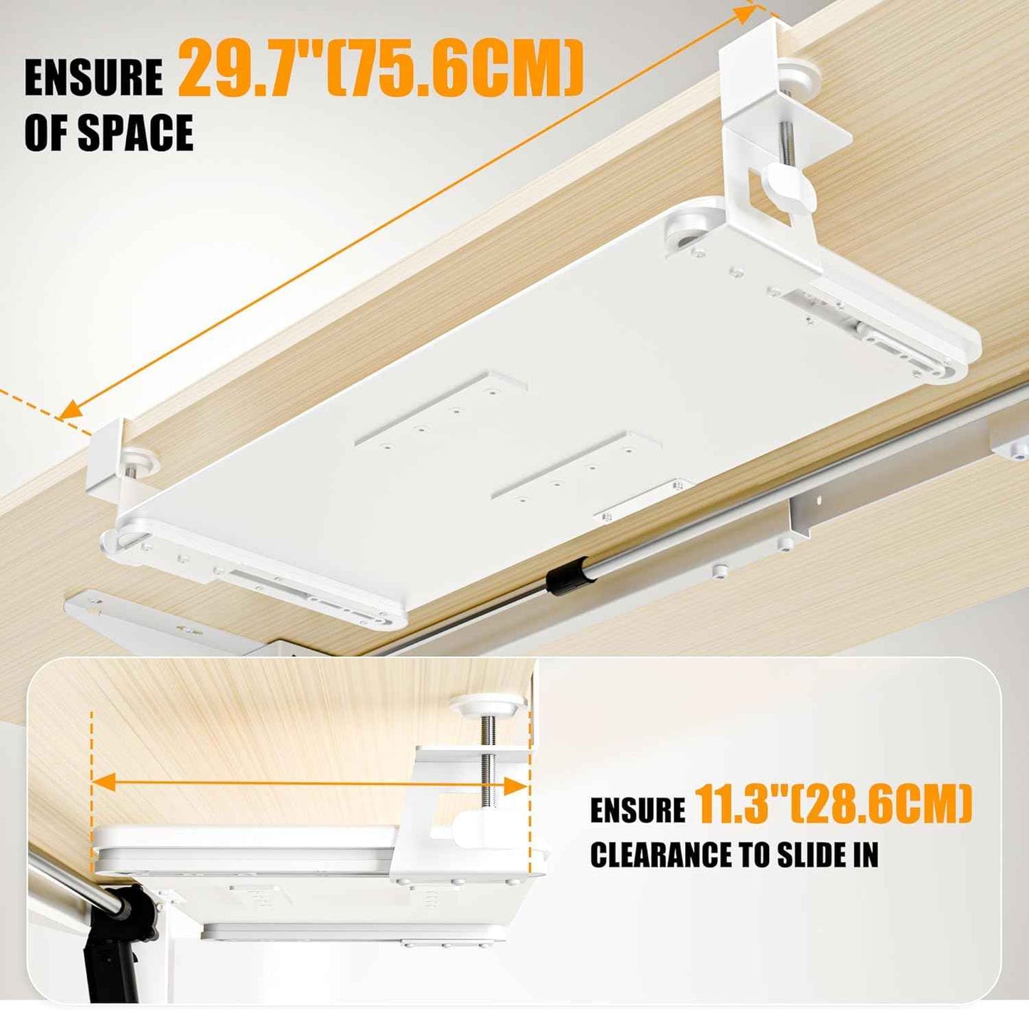 Keyboard Tray Under Desk, Pull Out Keyboard Tray with C Clamp Mount, 25.6" (29.7" Including Clamps) x 11.8" Slide-Out Platform Computer Drawer for Typing, Keyboard & Mouse Tray, White