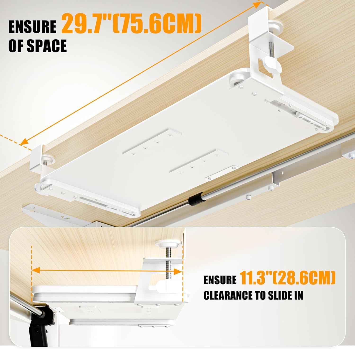 Keyboard Tray Under Desk, Pull Out Keyboard Tray with C Clamp Mount, 25.6" (29.7" Including Clamps) x 11.8" Slide-Out Platform Computer Drawer for Typing, Keyboard & Mouse Tray, White