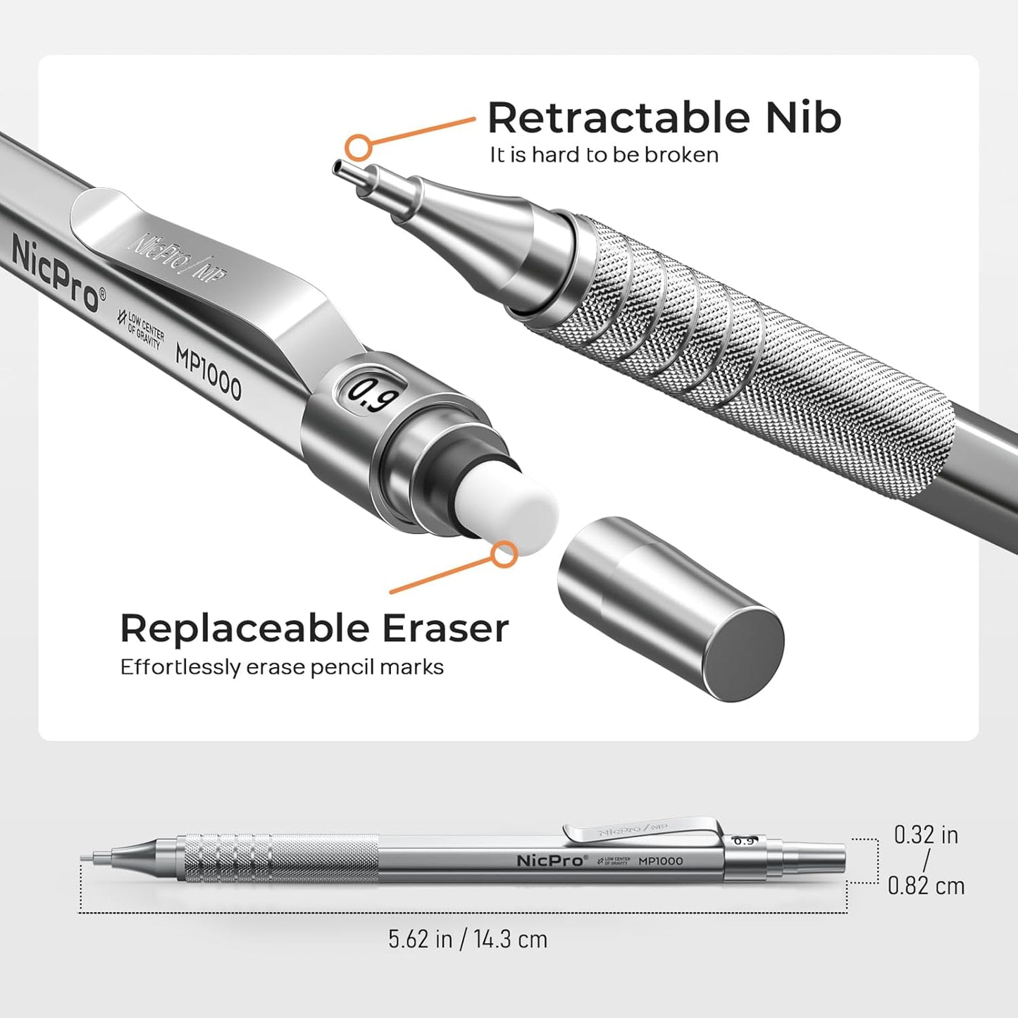 Nicpro 0.9 mm Metal Mechanical Pencil Set with Case, with 3PCS MP1000 0.9mm Drafting Pencil, 8 Tubes HB Lead Refills, 3PCS Eraser, Erasers Refills for Artist Writing, Drawing, Sketching, Silver