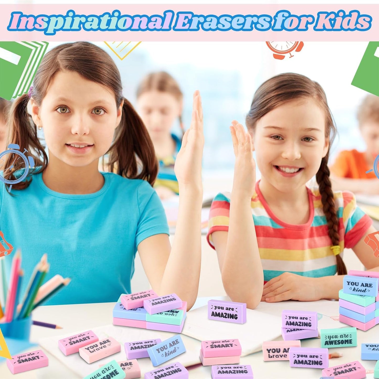 50 Pcs Inspirational Pencil Erasers Bulk Fun Motivational Eraser for Kids Students Teachers Back to School Office Supplies Prize Reward Graduation Gift