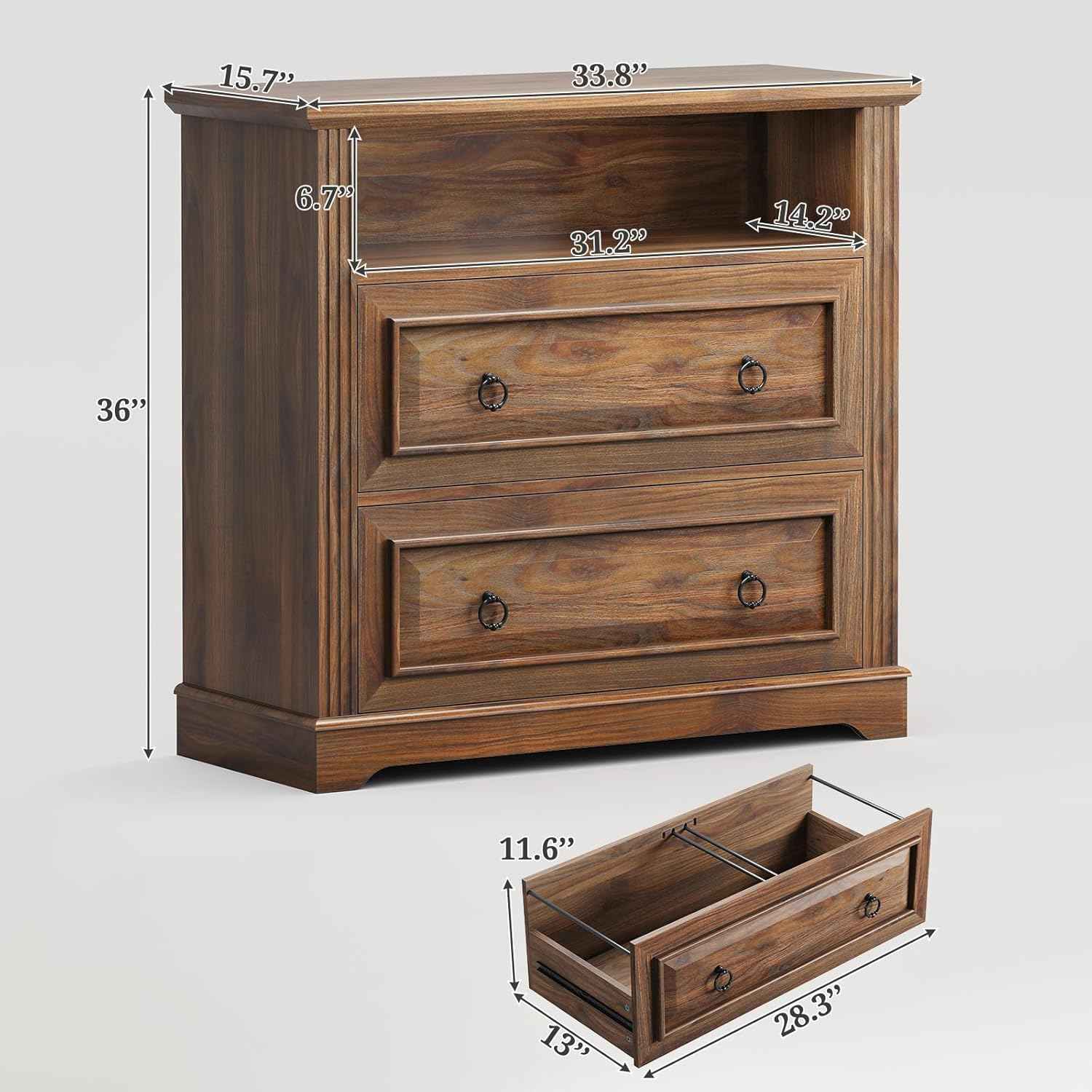Itaar 2 Drawer File Cabinet, Farmhouse Filing Cabinet for Home Office Fits Letter, Legal, A4 Size, Wood Lateral File Cabinet with Printer Stand, Storage Shelf, Brown