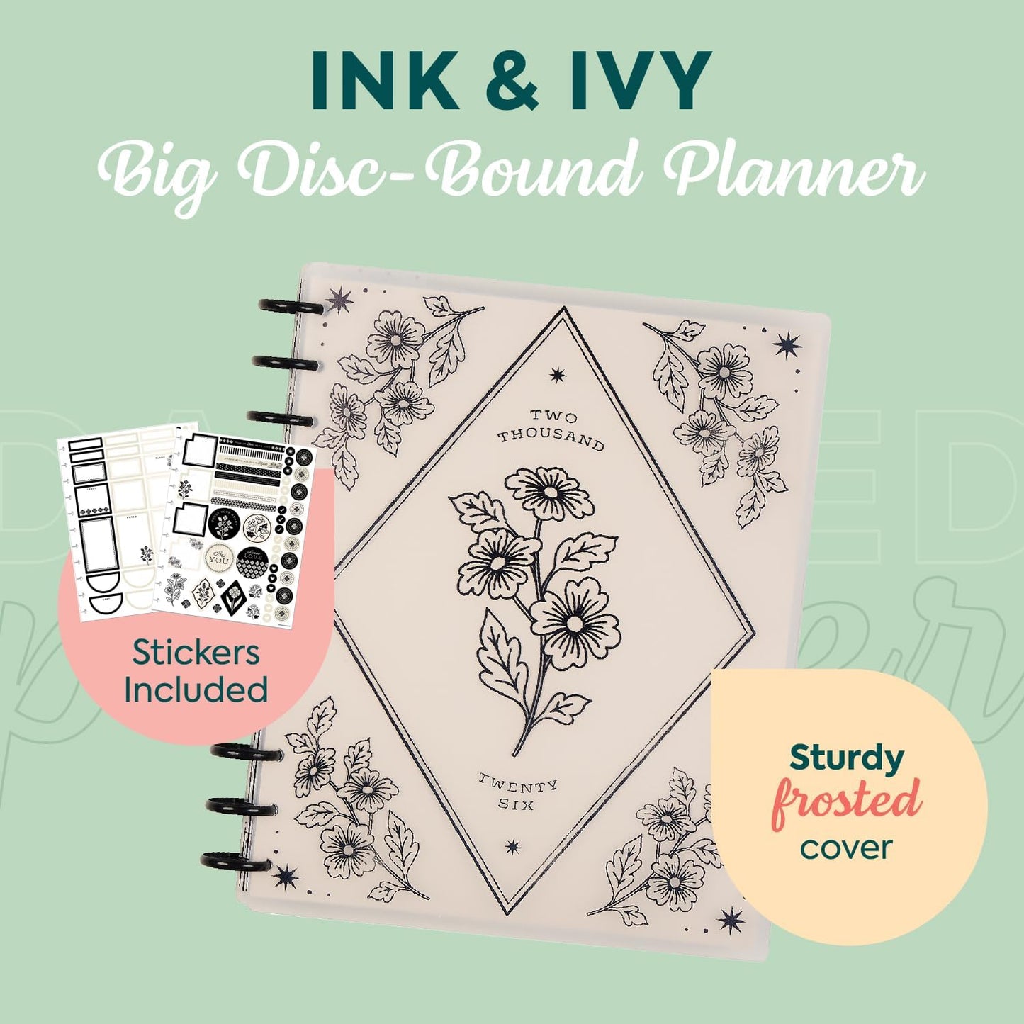 Happy Planner Disc-Bound Planner Jan.–Dec. 2026, Includes 3 Extra Months and 2 Sticker Sheets, Big Size, 8.5" x 11", Dashboard Layout, Ink & Ivy