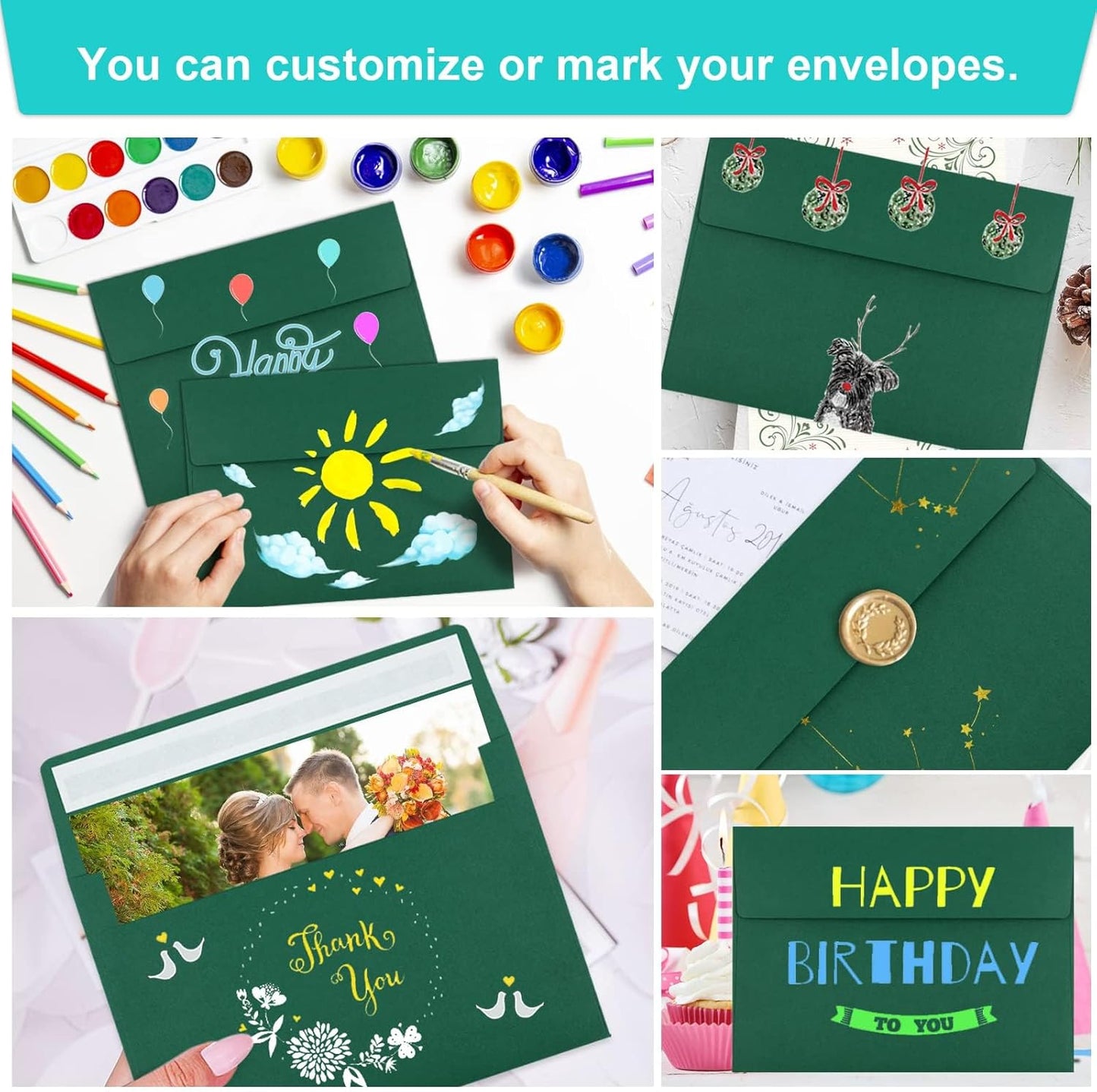 65 Pack Dark Green Self Seal Envelopes - A4, 4x6 Sizes for Invitations, Weddings, Photos, Greeting Cards & Mailing - Lumora Desk
