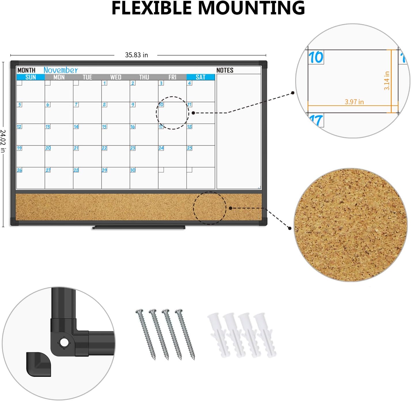 XBoard Dry Erase Calendar Whiteboard 36 X 24 - Combo White Board Calendar Monthly, Magnetic White Board + Corkboard with Black Aluminum Frame, 10 Colorful Push Pins & Marker Tray Included - Lumora Desk