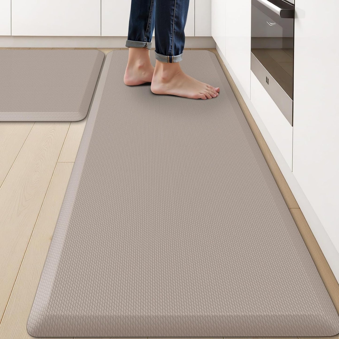 KitchenClouds 2PCS Kitchen Rugs Cushioned Anti-Fatigue Non-Slip Waterproof Kitchen Mat Comfort Foam Standing Mat for Floor Office Sink Laundry (Khaki) - Lumora Desk