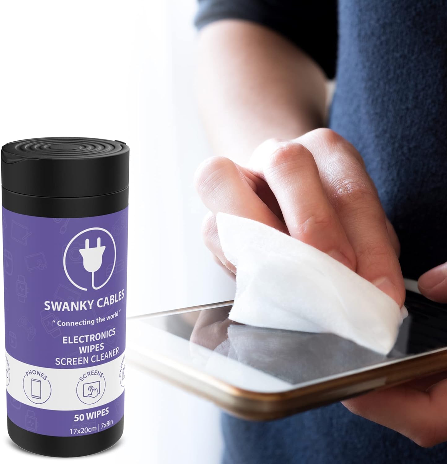Swanky Cables Screen Cleaner Wipes: Electronic Wipes for Screens - Computer Screen Wipes for Lens, Phone, Tv Screen and Monitor Cleaning - Tech Wipes & Microfiber Cloth (Canister, 200 Count)