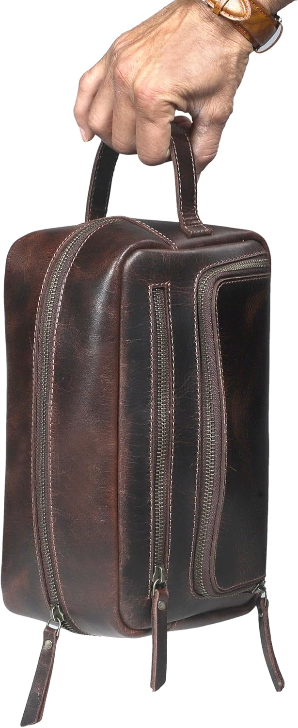 Leather Toiletry Bag for Women, Cosmetic Bag, Dopp Kit, Dark Brown, 10 x 4 x 5.5 Inch, Premium Vintage