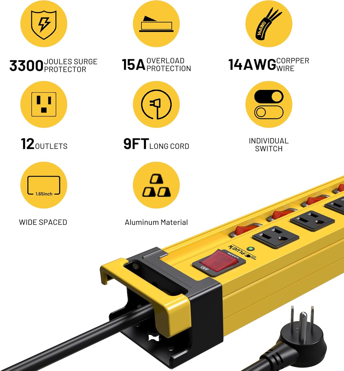 Plug'n 12 Outlet 3300J Surge Protector Power Strip,Individual Switches,9FT/14AWG/15AMP/1875W Power Cord,Heavy Duty Metal Power Strip with Cord Manager,for Workshop,Garage,Shop,2 Packs