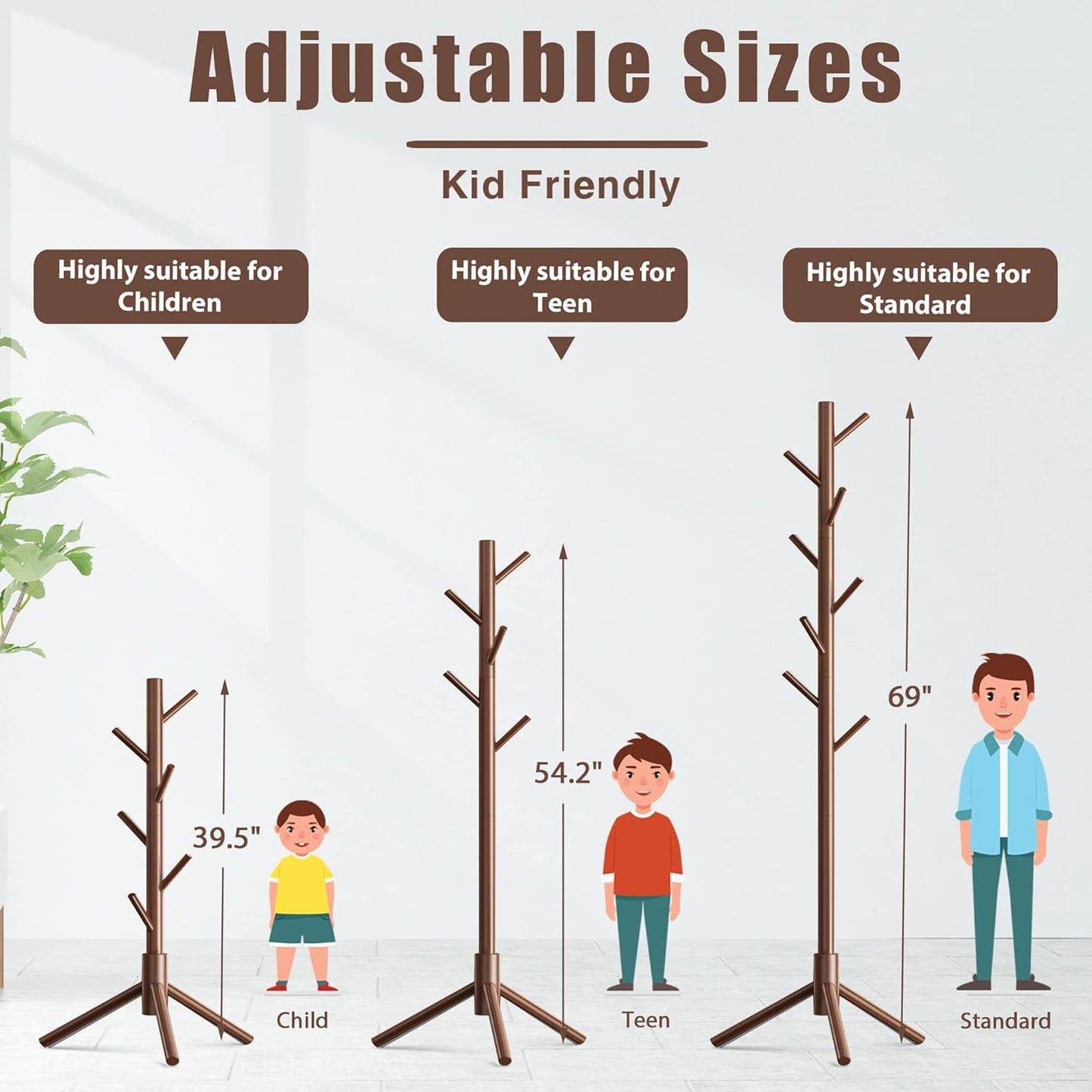 Haddockway Wooden Coat Rack Stand with 8 Hooks New Zealand Pine 3 Adjustable Coat Standing Tree Easy Assembly for Coats, Hats, Scarves and Handbags for Entryway, Hallway, Bedroom, Office,2 PCS - Lumora Desk
