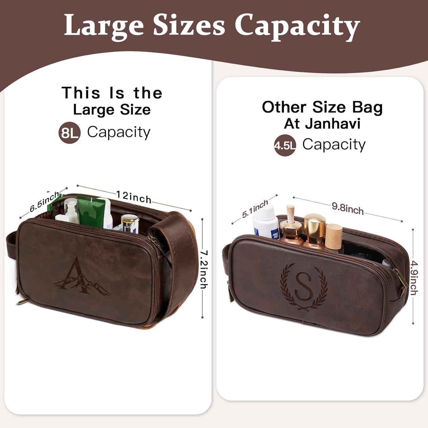 Janhavi Shaving Bag for Men Travel Waterproof, Engraved Initials & Mountain, Make Up Bag,Groomsmen Gifts, Mens Toiletry Travel Bag, Men's Accessories Organizer, Gifts for Him(Dark Brown M)