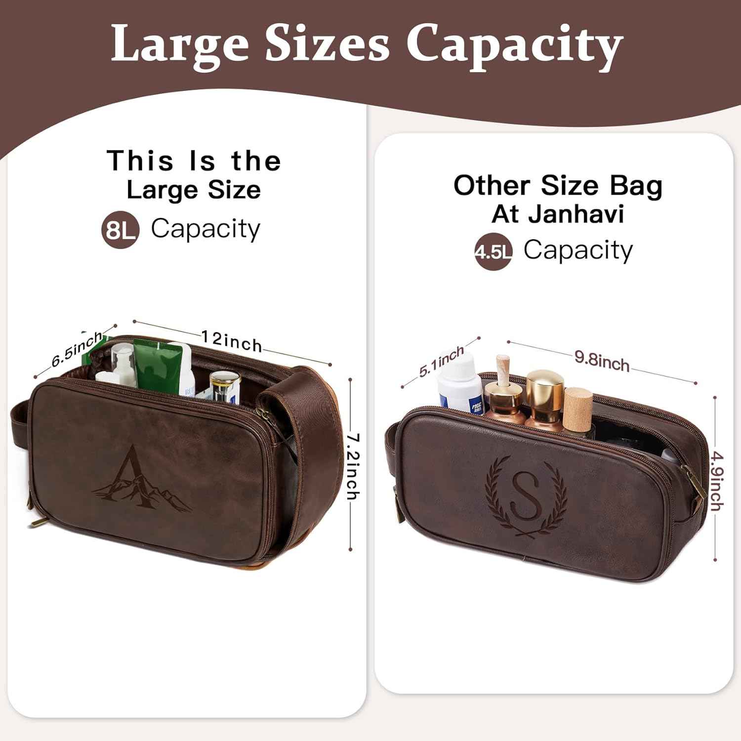 Janhavi Shaving Bag for Men Travel Waterproof, Engraved Initials & Mountain, Make Up Bag,Groomsmen Gifts, Mens Toiletry Travel Bag, Men's Accessories Organizer, Gifts for Him(Dark Brown M)