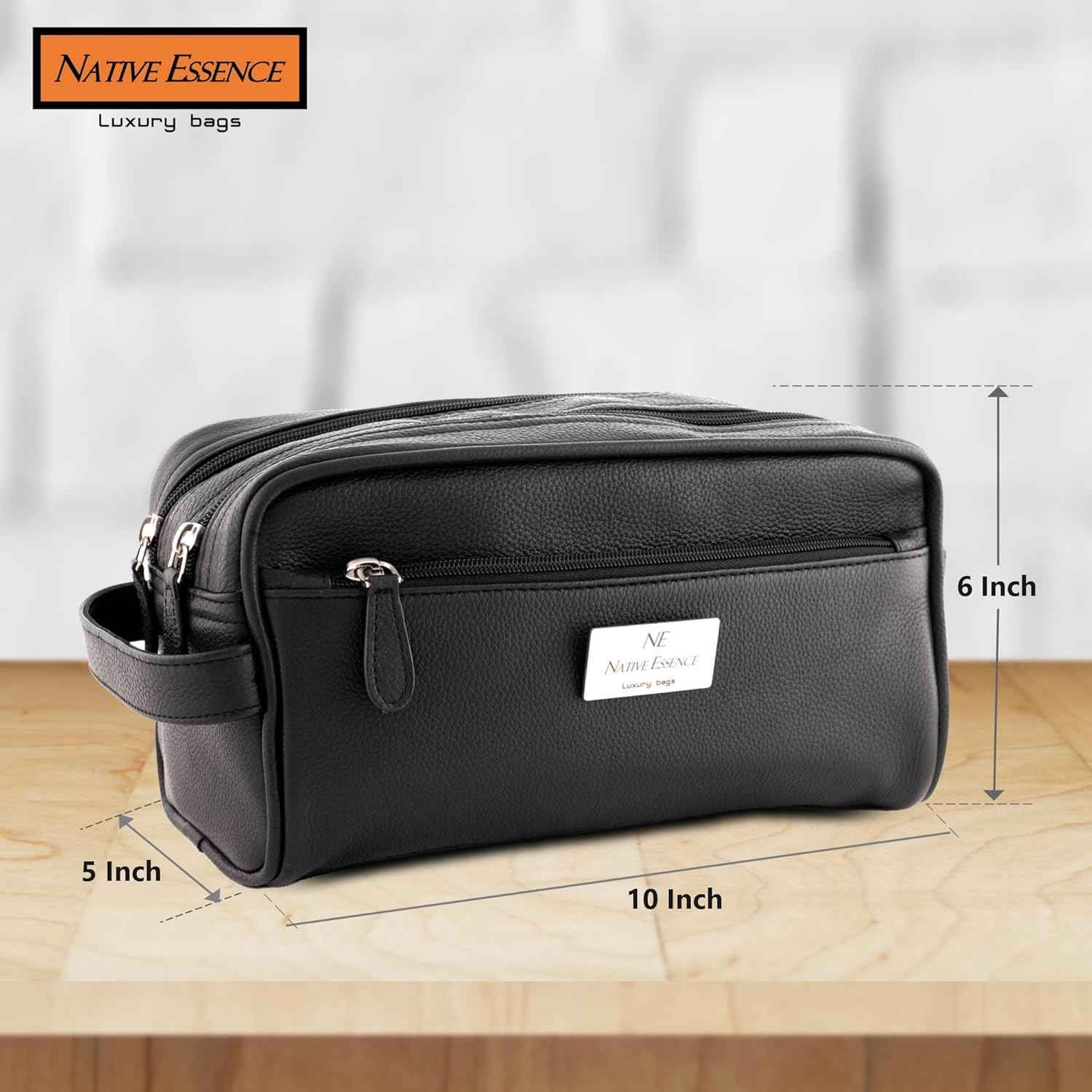 NATIVE ESSENCE Leather Toiletry Bag, Black Genuine Calf Leather Travel Bag, Handmade Cosmetic Pouch, Luxury Shaving Bag, Bathroom Organizer, Stylish Grooming Kit for Men and Women Gift Packed