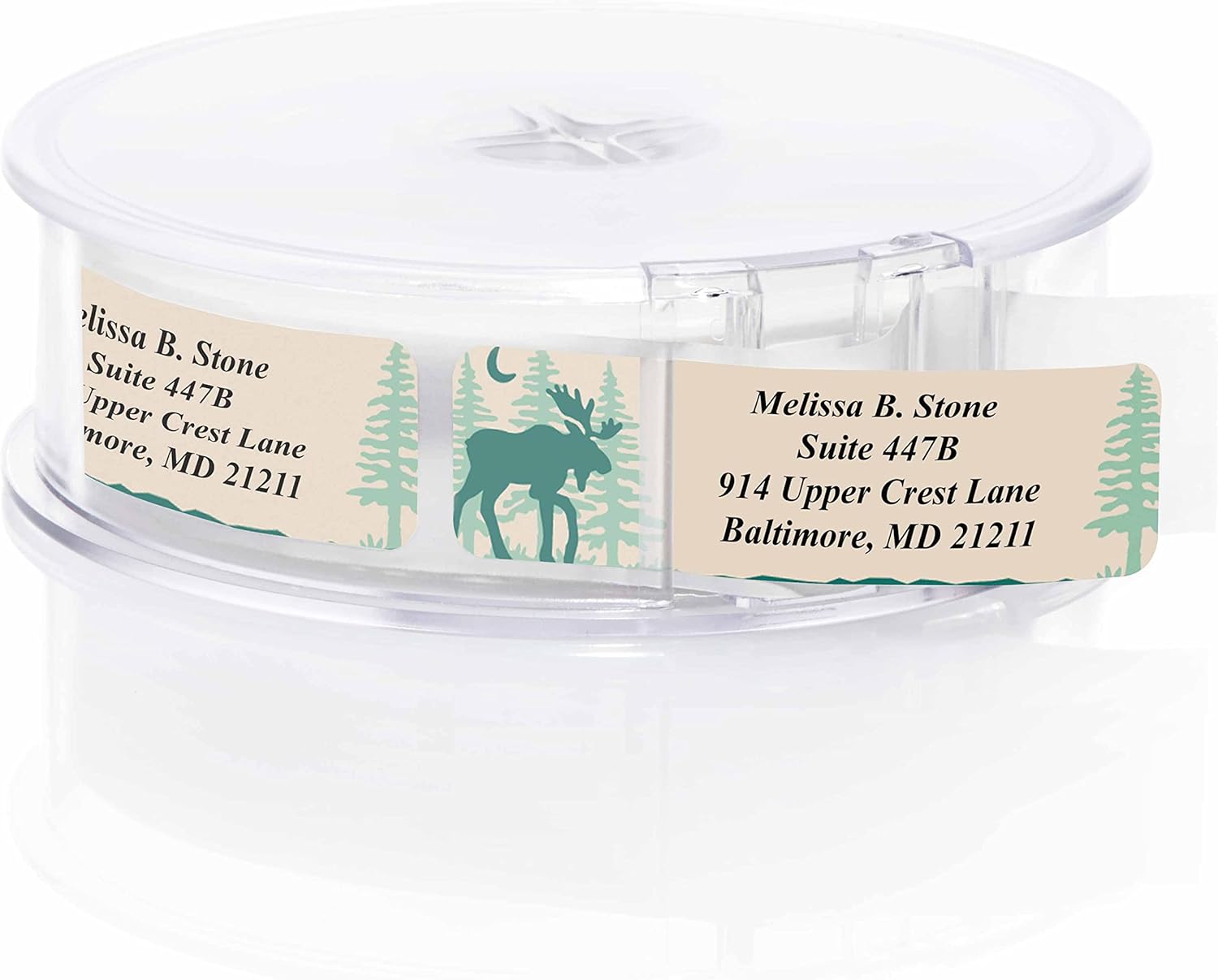 Brushed Moose Designer Rolled Address Labels with Elegant Plastic Dispenser - Lumora Desk