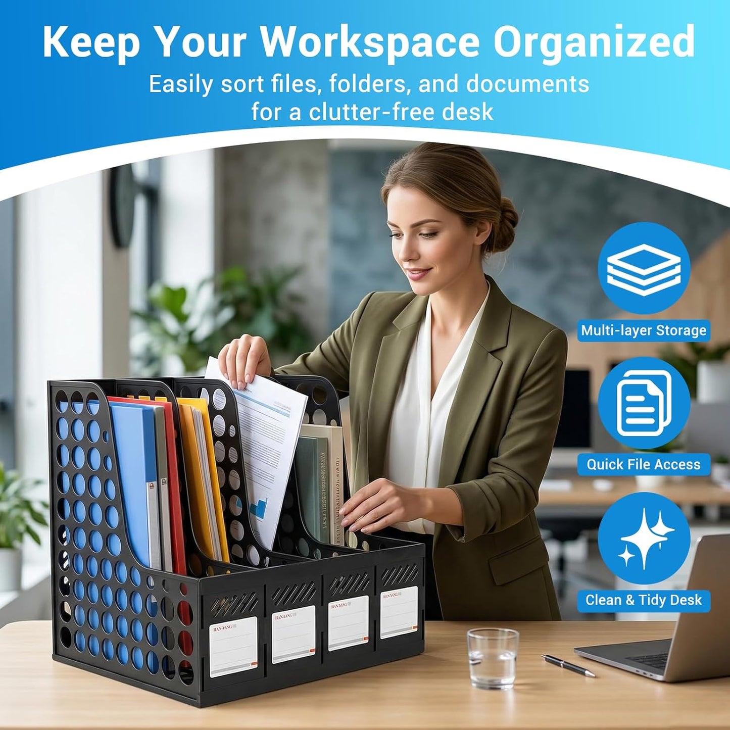 Ysenchan Plastic Magazine File Holder & Desk Organizer, 4 Vertical Compartments File Folder Organizer for Office Classroom Organization, Coloring Book Storage with Sturdy Binder Accessories(Black)