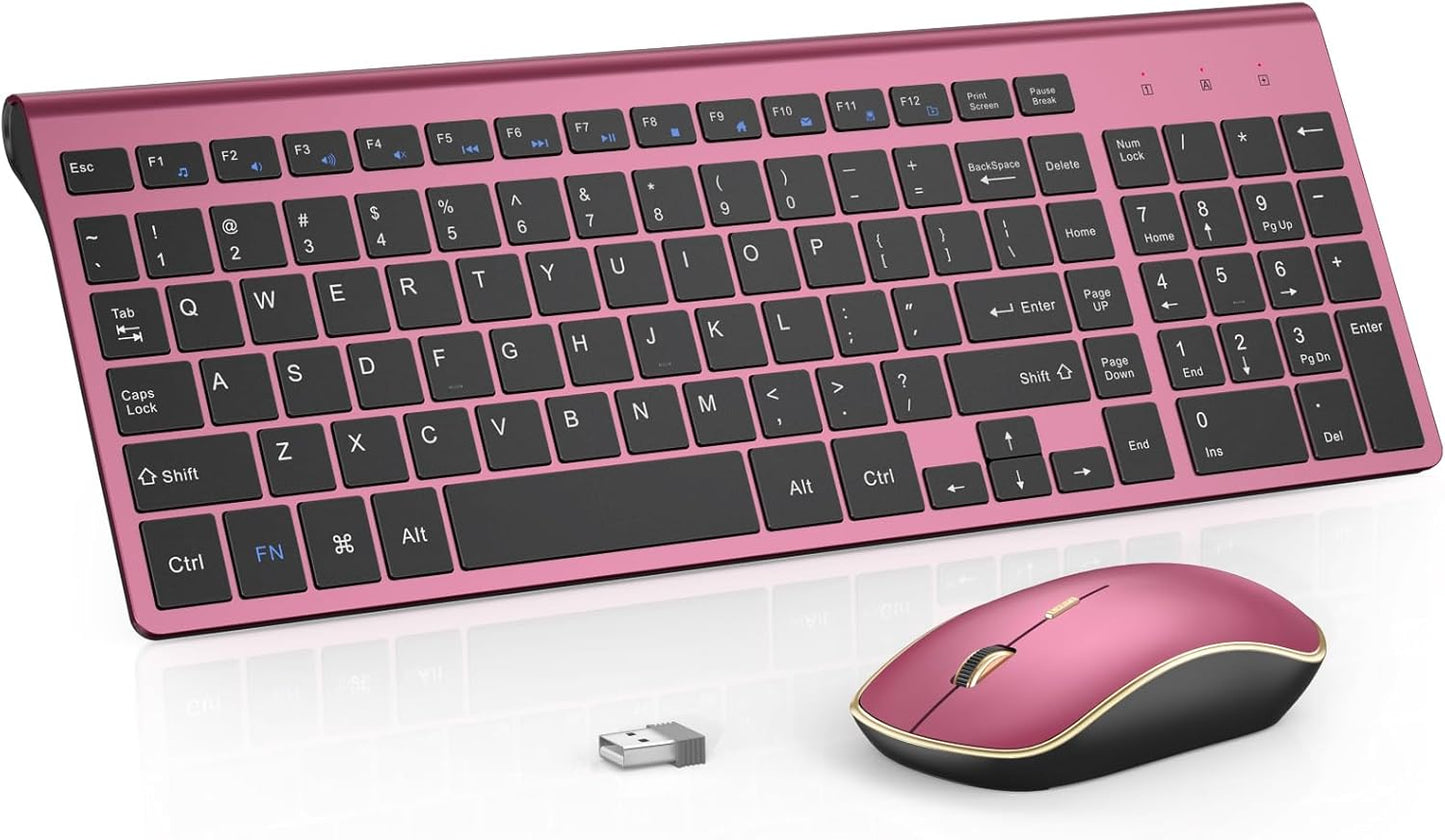 Wireless Keyboard Mouse Combo,J JOYACCESS 2.4G Compact and Ultra Slim Wireless Keyboard and Mouse for Windows, Computer, Desktop, PC, MacBook Air, Laptop-Wine Red